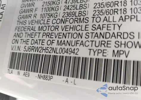 2022 Honda Cr-V Awd Ex из США, поврежденный, VIN 5J6RW2H52NL004942
